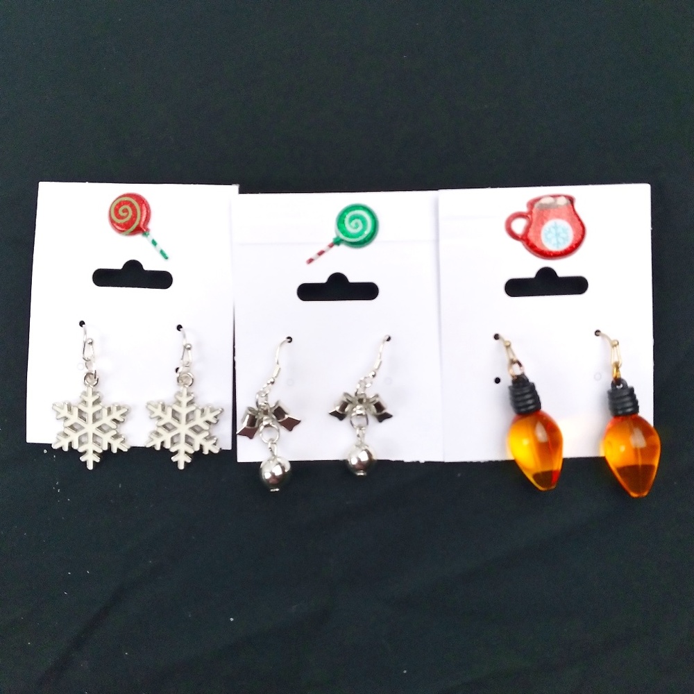 3 Pairs Christmas Dangle Earrings Snowflake Orange Light Bulb Ball NEW